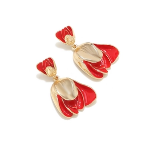 Elegante rote Emaille-Tulpenohrringe mit poliertem Goldmetall-Finish für Damen
