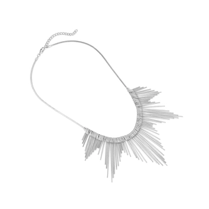 Detail of silver layered metal tassel necklace with snake chain and adjustable lobster clasp