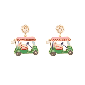 Green enamel golf cart earrings with white pearl flower studs and gold-plated details