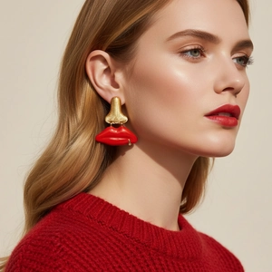 Boucles D'oreilles Pendantes Forme Nez Et Lèvres Rouges Surréalistes Bijoux Alliage Émail Ton Or Avec Tige En Acier Inoxydable