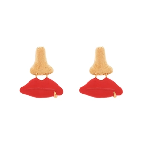 Boucles d'oreilles rétro exagérées avec nez et lèvres en émail rouge fini doré