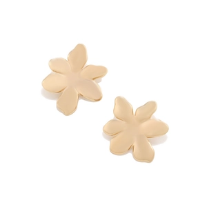 Detailed view of luxury gold flower stud earrings with a brushed metal texture finish