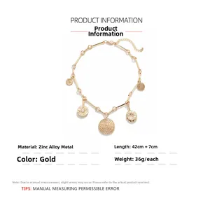 Detail of 42cm gold coin sun pendant necklace with dimensions and zinc alloy material info
