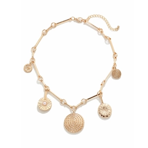 Gold vintage coin necklace with multi-element sun pendants and a pearl accent