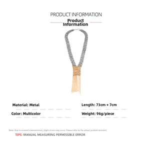 Detail view of multi-strand beaded tassel necklace with 73cm metal chain fringe