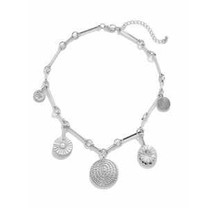Silver bohemian coin necklace featuring sunburst pendants and artisan bar link chain