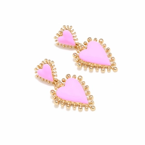 Pendientes de corazón en esmalte rosa y aleación dorada con borde de cuentas retro
