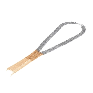 Multilayer gold and silver mixed metal chain fringe necklace with long tassel design