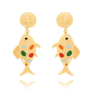 Golden fish drop earrings with colorful enamel spots and spiral tops in a symmetrical view