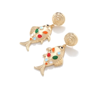 Fashionable long fishbone earrings with colorful enamel spots on a golden alloy base