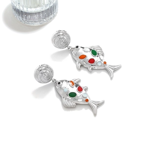 Chic silver alloy long fishbone earrings with colorful enamel spots in a top-down view