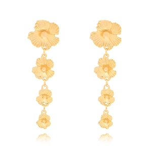 Elegant gold flower drop earrings with four tiered metallic petals in a vertical long design