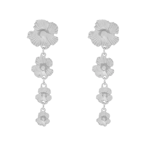 Elegant silver 3D floral drop earrings with long tassel design and textured metallic finish