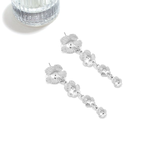 Elegant silver long floral drop earrings with layered metallic flower petals for women