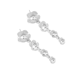 Macro view of tiered silver flower drop earrings with textured radiant petals
