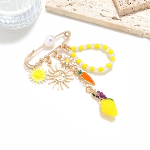 Colorful fruit and flower pendant brooch with lemon and carrot charms on gold pin
