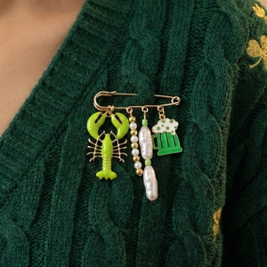 Alloy Enamel Safety Pin Brooch Green Lobster Beer Mug Clover Dangle Charms Imitation Artificial Pearl Jewelry Accessory For Women
