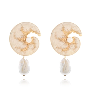Baroque pearl earrings with white enamel spiral disc and golden alloy accents