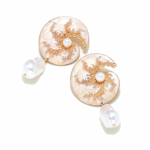 Baroque pearl drop earrings with spiral texture and champagne gold finish in retro style