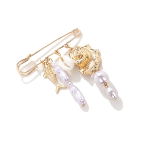 Exaggerated ocean theme brooch pin with tropical fish, seashell, and baroque pearls