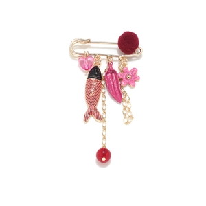 Broche chic avec poisson tropical et fleurs sur épingle de sûreté dorée