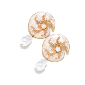 Baroque pearl drop earrings with enamel spiral disc and golden metal finish