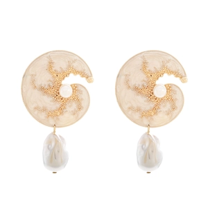 Baroque pearl earrings with vintage enamel coral pattern and gold metal accents