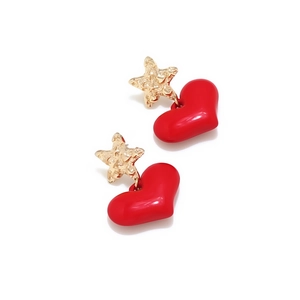 Golden textured star and red lacquered heart pendant earrings for women's jewelry