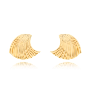 Golden textured seashell stud earrings in vintage minimalist style on white background