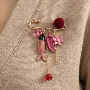 Broche Épingle De Sécurité Émail Poisson Tropical Fleur Avec Boule Peluche Cœur Pendentif Alliage Pour Femmes