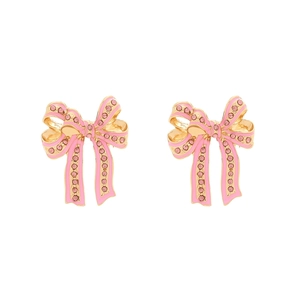 Elegant pink enamel bow earrings with sparkling crystals and gold-plated finish