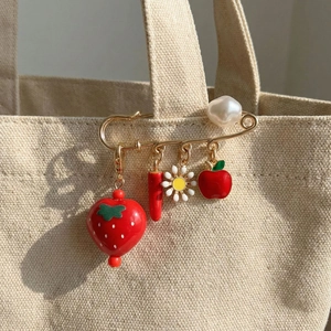 Cute Fruit Flower Safety Pin Brooch Enamel Alloy Charms With Imitation Artificial Pearl Pastoral Style Decorative Pin For Clothing