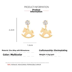 Detailed size and material chart for gold plated rhinestone rocking horse earrings