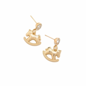 Golden rocking horse earrings with hammered texture and sparkling round crystal stones