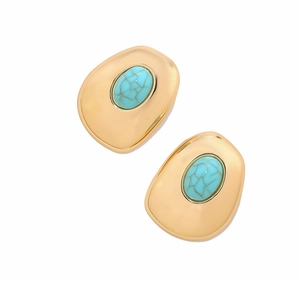 Vintage irregular gold earrings with oval turquoise inlay in high polish finish