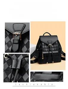 Detail of black diamond quilted backpack showing flap closure and retro metal hardware