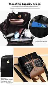 Detail of quilted backpack interior space, zip pocket, and metal base studs