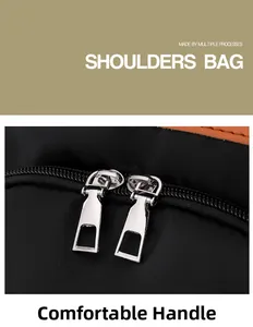 Detail of silver dual zipper pulls and durable fabric texture on black shoulder bag