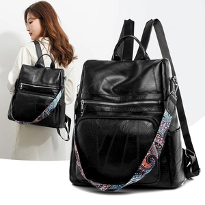 Women's black anti-theft PU leather backpack with bohemian print shoulder strap