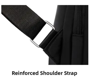 Detail of reinforced shoulder straps with metal buckles on black casual backpack