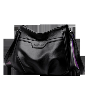 Fashionable black pebbled leather crossbody bag for women with an embossed logo