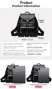 Size chart for black quilted backpack showing dimensions of 24x21x13.5cm and iPad comparison