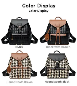 Detailed grid view of quilted and houndstooth backpacks in four color combinations