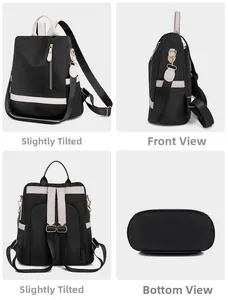 Vues multiples du sac à dos en nylon bicolore pour femme avec tissu imperméable et zips dorés