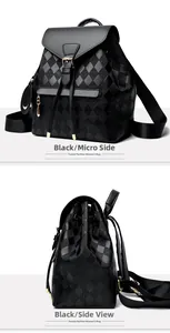 Detail of black quilted leather backpack showing flap closure and drawstring texture