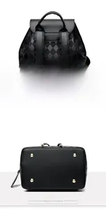 Detail of black diamond lattice backpack with adjustable straps and protective gold rivets