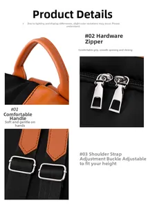 Detail of soft handle, smooth metal zippers and adjustable buckle on contrast backpack