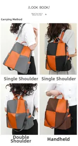 Women's multi-way color-block backpack showing single shoulder, double shoulder and handbag styles