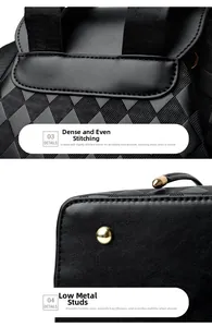 Detail of the dense stitching and gold metal protective base studs on black quilted backpack