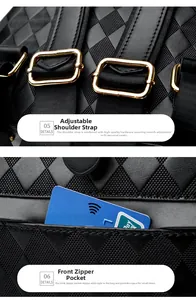 Detail of adjustable strap with gold buckle and front zipper pocket on quilted backpack